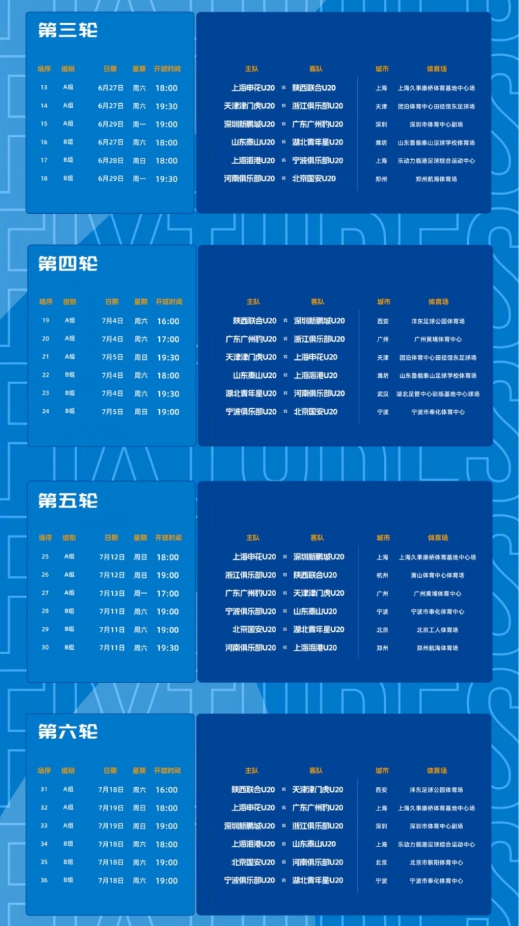 中青赛U20第二阶段赛程出炉 上海申花6月14日客战浙江