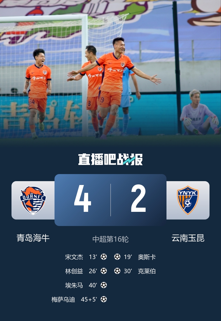 海牛4-2终结4连败 宋文杰2传1射林创益零度角破门