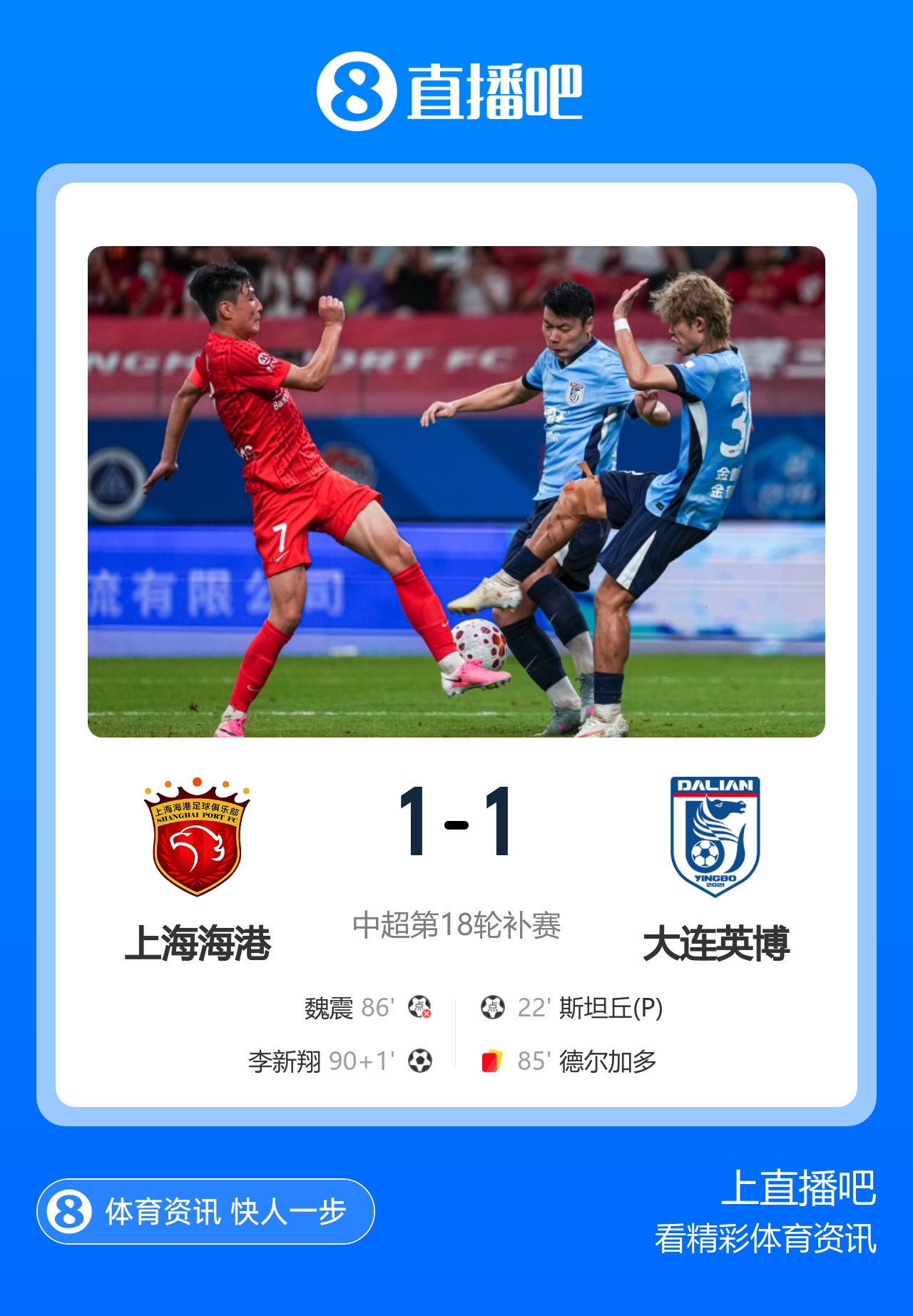 补时绝平！海港1-1英博 李新翔替补救主斯坦丘点射魏震失点